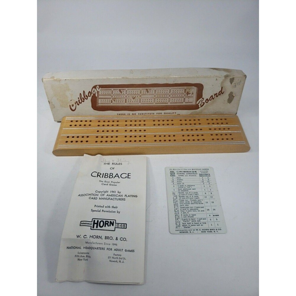 Vintage 1941 W.C. Horn Bro & Co Wooden Cribbage Board w/ Original Box & Rules